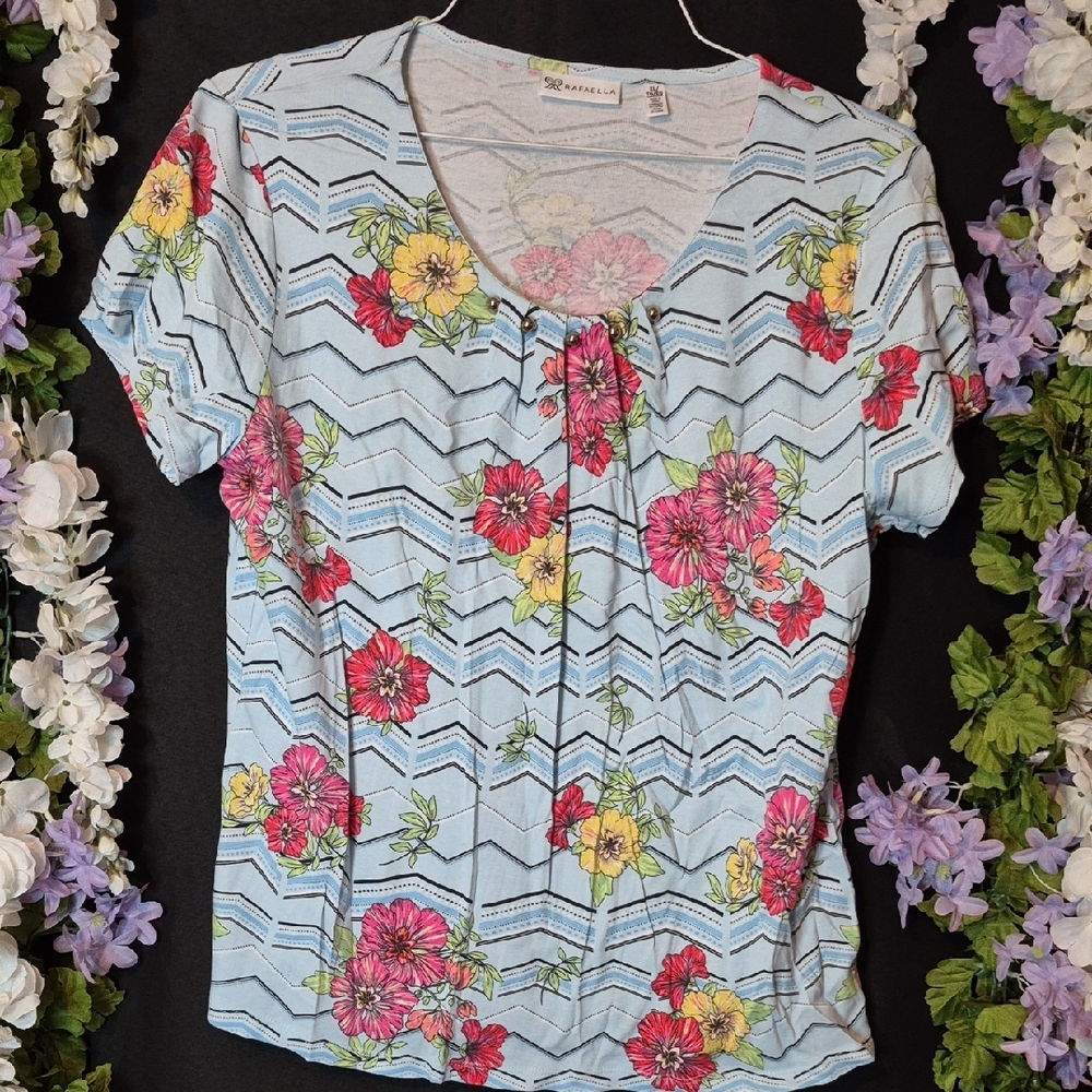 Rafaella Floral Chevron Blouse - Blue, Red, Yellow